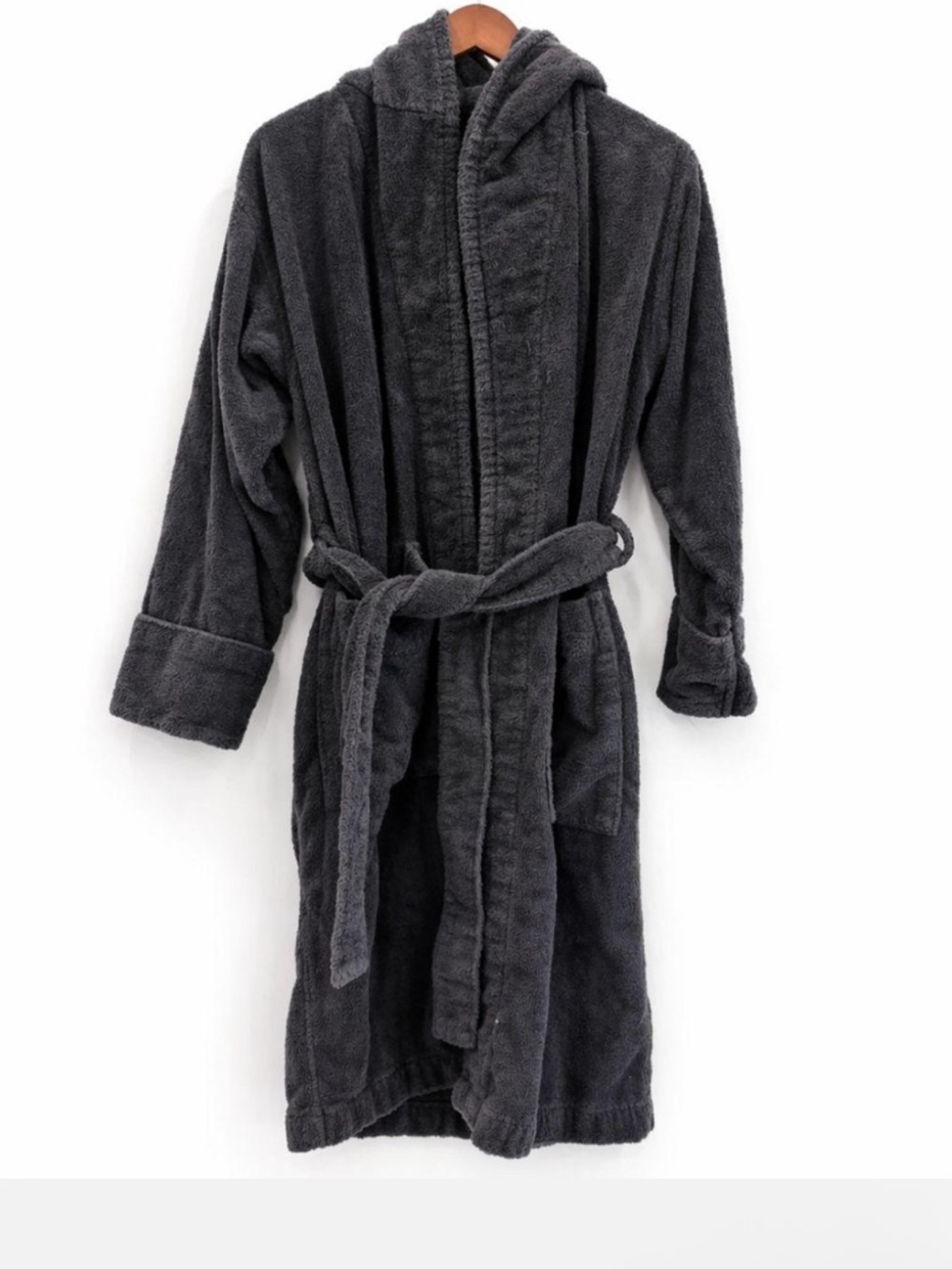 Tekla Charcoal Gray Terry Cloth Hooded Bathrobe Belted Women's Size Small